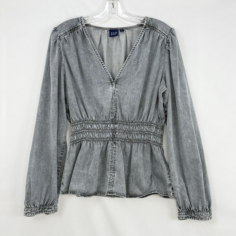 GAP Women’s Gray Denim Blouse V-Neck Smocked Waist Puff Long Sleeve Size L - Picture 2 of 16